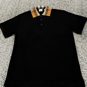 Burberry London Polo Shirt Black Men Size Large Check Collar Excellent Condition